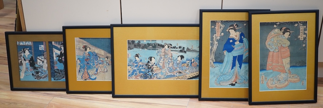 Eleven Japanese block prints framed as five, signatures include Utagawa Kunisada, Utagawa Kunisada II, Utagawa Yoshiharu, and Toyohara Kunichika. Condition - good